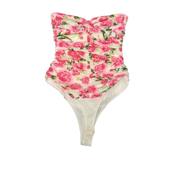 Zara Ruched Floral Strapless Bodysuit Pink Rose Print Cottagecore Y2K Coquette - Picture 2 of 16